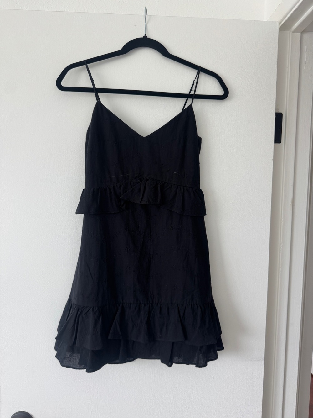mi ami Black Embroidered Ruffle Mini Dress XS Floral Cotton
